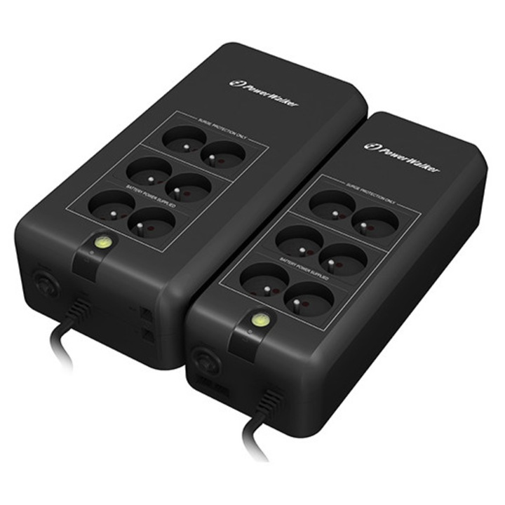 UPS PowerWalker VFD 600 APFC, 600 VA (300 W), off-line (standby), 4 prize cu alimentare de urgenta, protectie la supratensiune pe 6 prize, RJ11/RJ45, negru, 1 buc