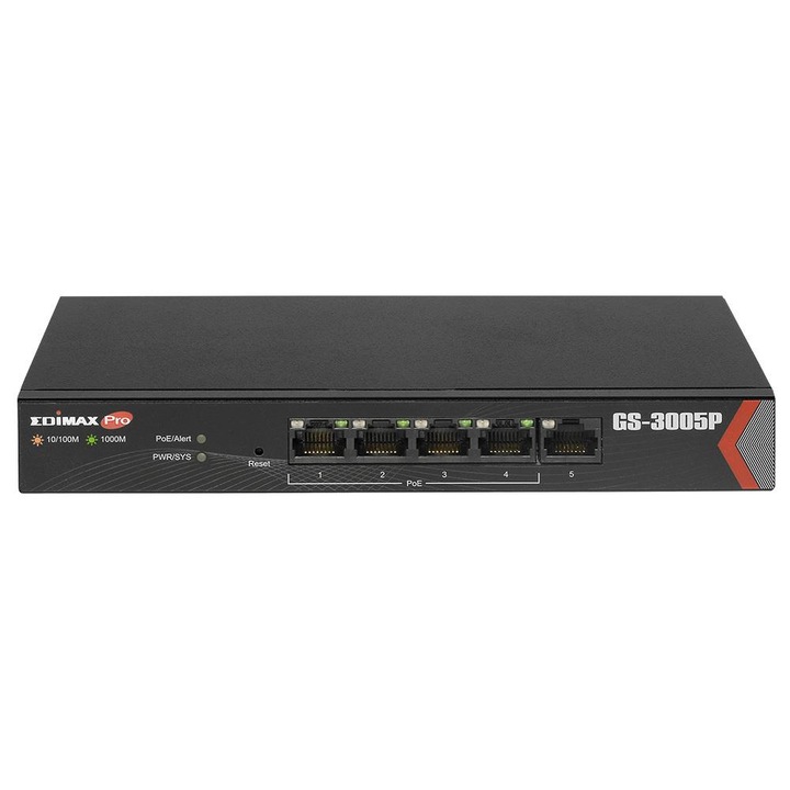 Суич PoE+ Edimax GS-3005P, 5 Gigabit порта (4 PoE+), PoE бюджет 72W, режим на дълъг обхват 200м, web smart, vlan, qos, черен