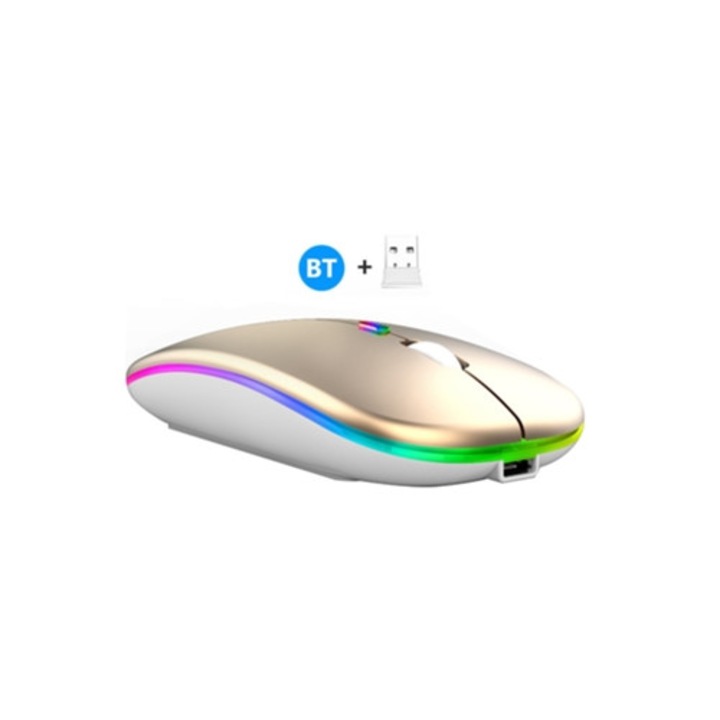 Mouse gaming wireless Bluetooth 2.4G, iluminare aurie, ergonomic, USB
