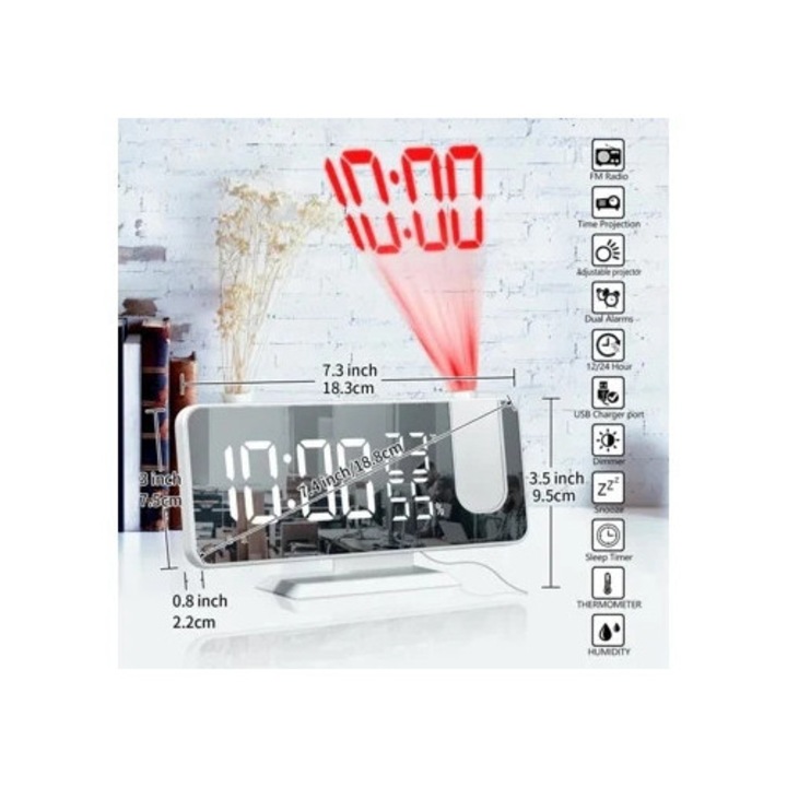 Будилник с проекция, FM радио, USB, бял