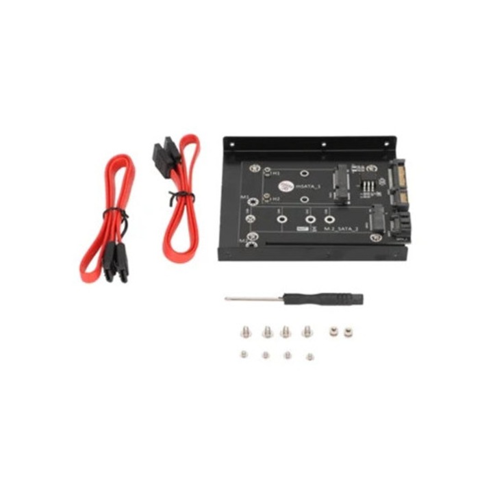 Adaptor SATA 2-in-1 mSATA/M2 NGFF SSD cu 2 porturi SATA3 si suport pentru hard disk de 3.5"