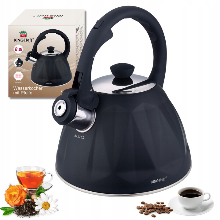 Ceainic KINGHoff 2L cu gwizdkiem, inox, negru, pentru toate tipurile de plite