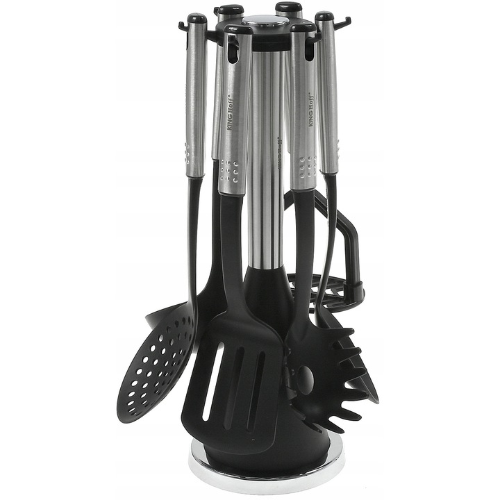 Set ustensile bucatarie Kinghoff 7 piese nylon inox negru 30cm pe suport