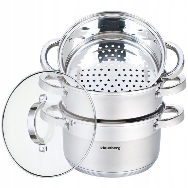 Set oale pentru gatit la aburi Klausberg, 5 elemente, 24cm, 5l, cu 2 insertii, capac din sticla