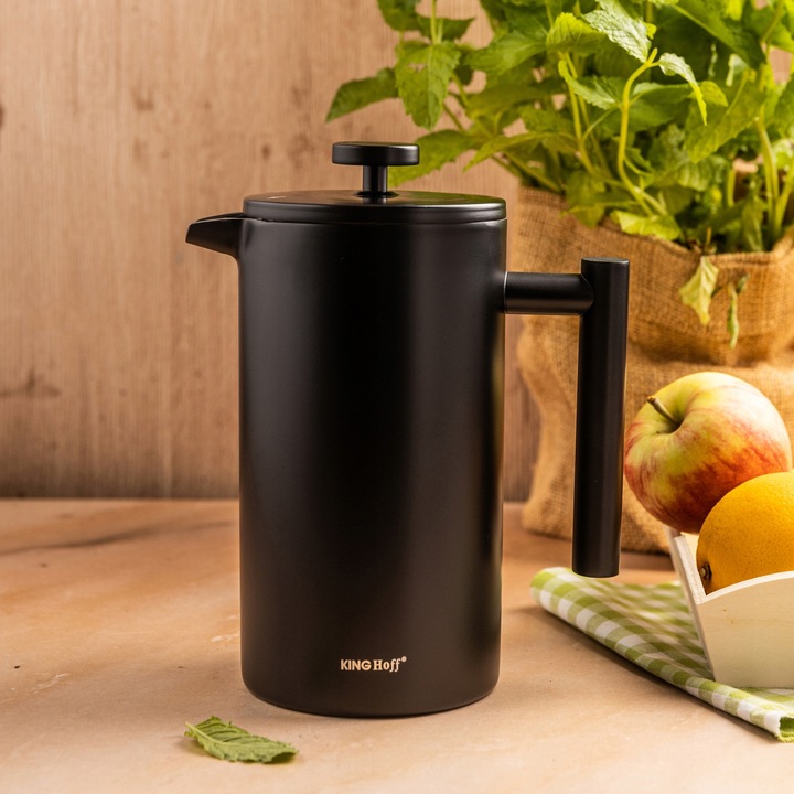Ceainica French Press KINGHoff 1L, inox, 2 pereti, neagra
