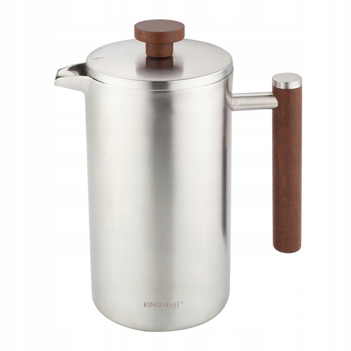 French Press Kinghoff KH-1995, 1L, dublu perete, maner lemn, inox
