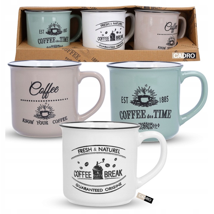 Set 3 cani ceramice 330ml cu inscriptia Coffee, design modern, 9x8,5cm