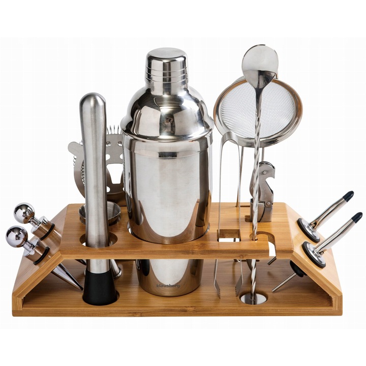 Set barman KLAUSBERG 13 piese, inox, suport bambus