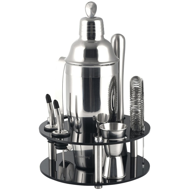 Set barman 9 piese, Klausberg, shaker 720ml, suport, jigger, argintiu