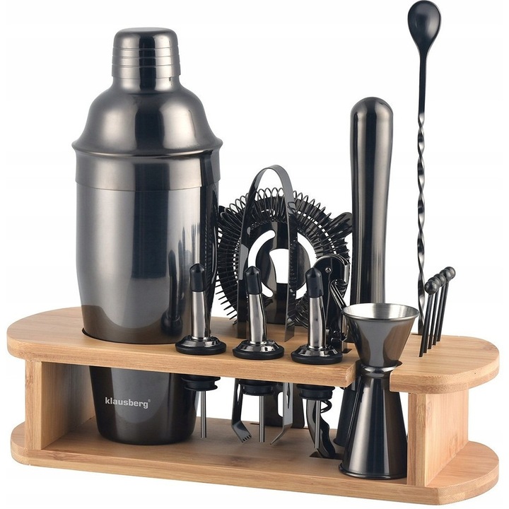 Set bar cu 16 elemente, Klausberg, negru, din otel inoxidabil, suport din bambus