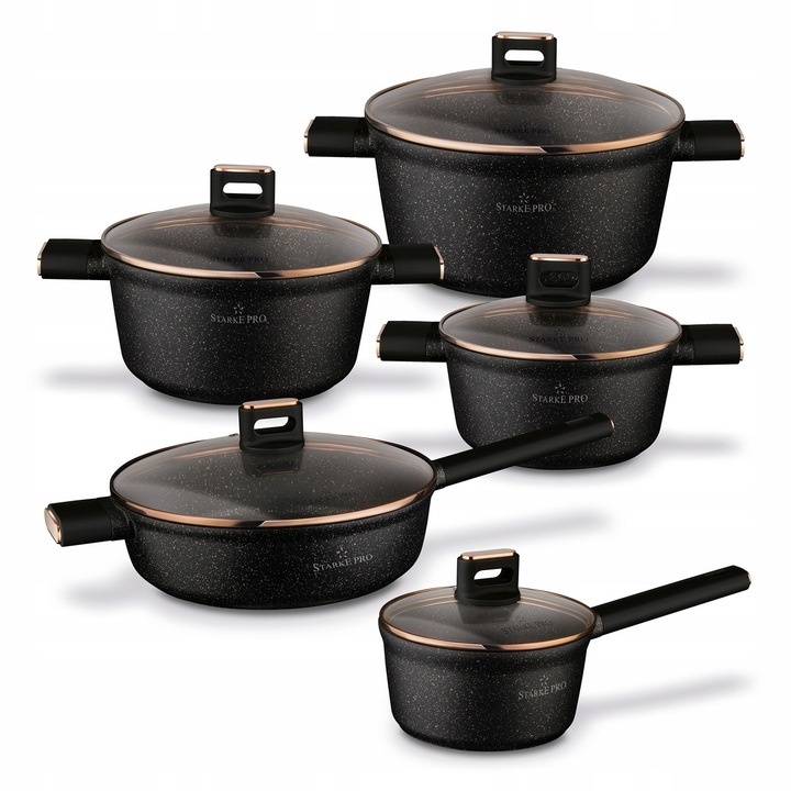 Set oale Starke Pro Starlet Black 10 elemente, inox, non-stick, capac transparent, 1,45-6,8 l