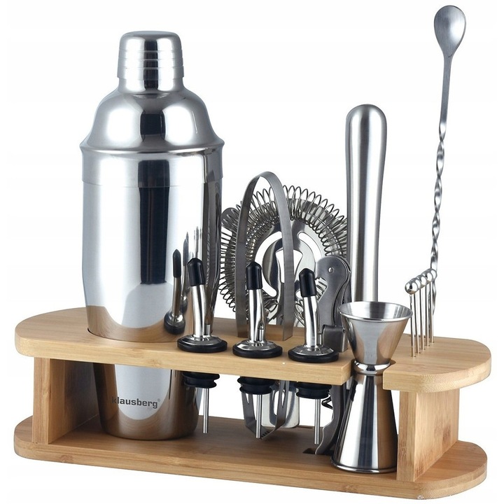 Set barman Klausberg 16 piese inox argintiu 720ml bambus