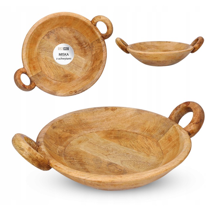 Bol din lemn mango cu manere, 25 cm, natural, set 1 buc.