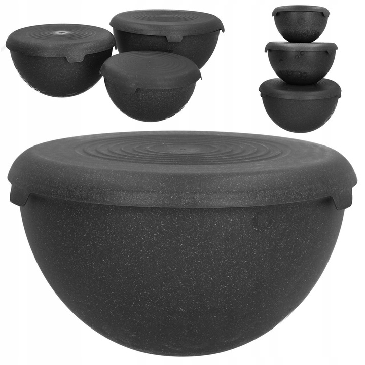 Set boluri din plastic, 3 bucati, 1,5L, 3L, 6L, negru, dimensiuni: 19x19x10cm, 24x24x12,5cm, 28x28x15cm