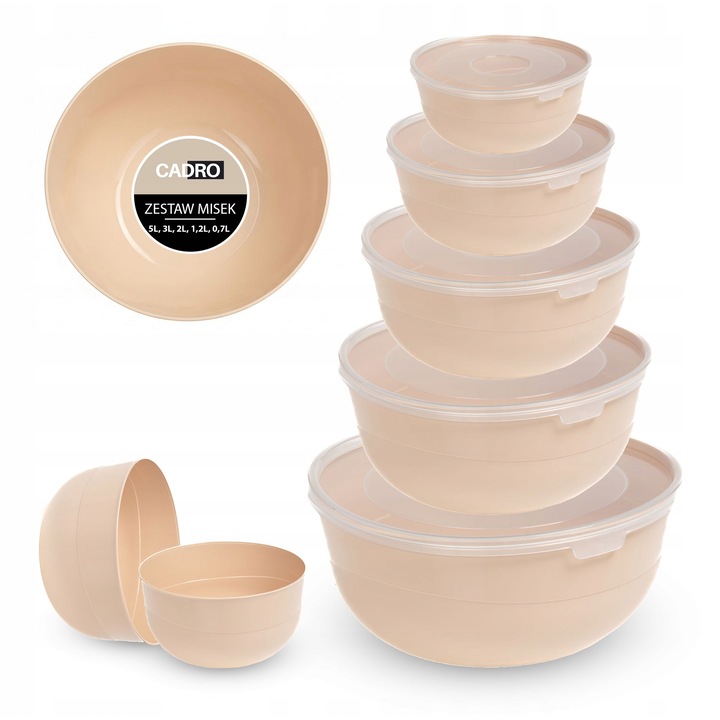 Set 5 boluri Cadro din plastic cu capac, bej, diverse dimensiuni