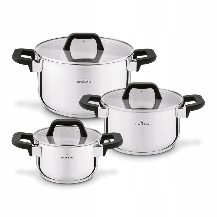 Set 3 oale din inox Tadar, 16x27,5x17,5cm, 20x32x21,5cm, 24x36,5x25,5cm, negru, argintiu