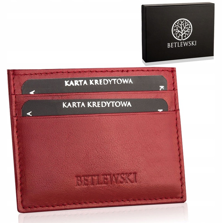Калъф за карти, Betlewski, естествена кожа, червен, 10x7,5см