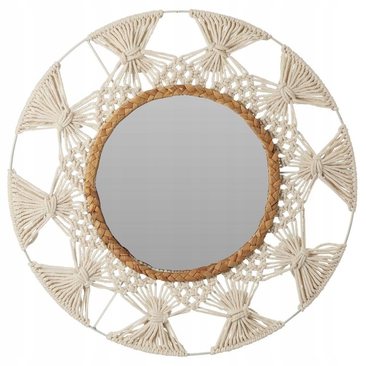 Декоративно кръгло огледало BOHO, Home Styling Collection, 45x45см, памучна рамка, бяло