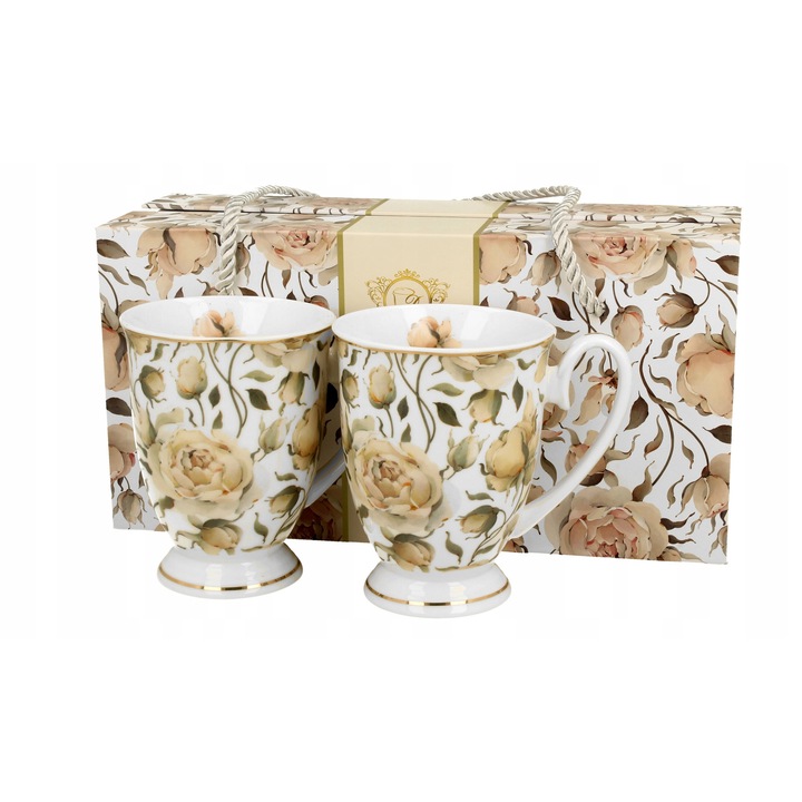 Комплект 2 порцеланови чаши Duo English Roses 320ml, бял, 8,5x11cm, в подаръчна кутия