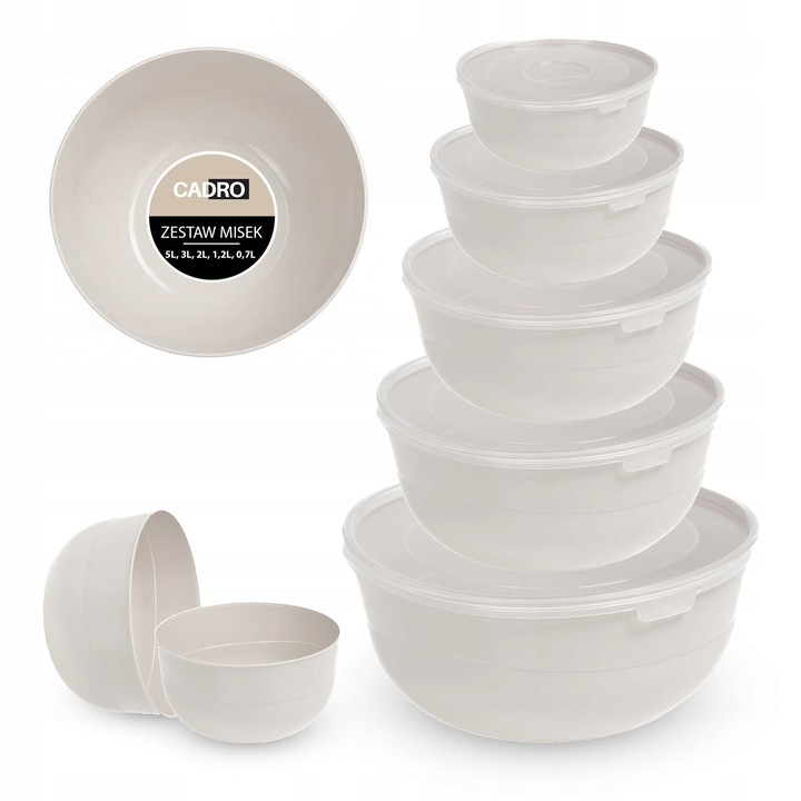 Set 5 boluri Cadro din plastic cu capac, crem, diverse dimensiuni