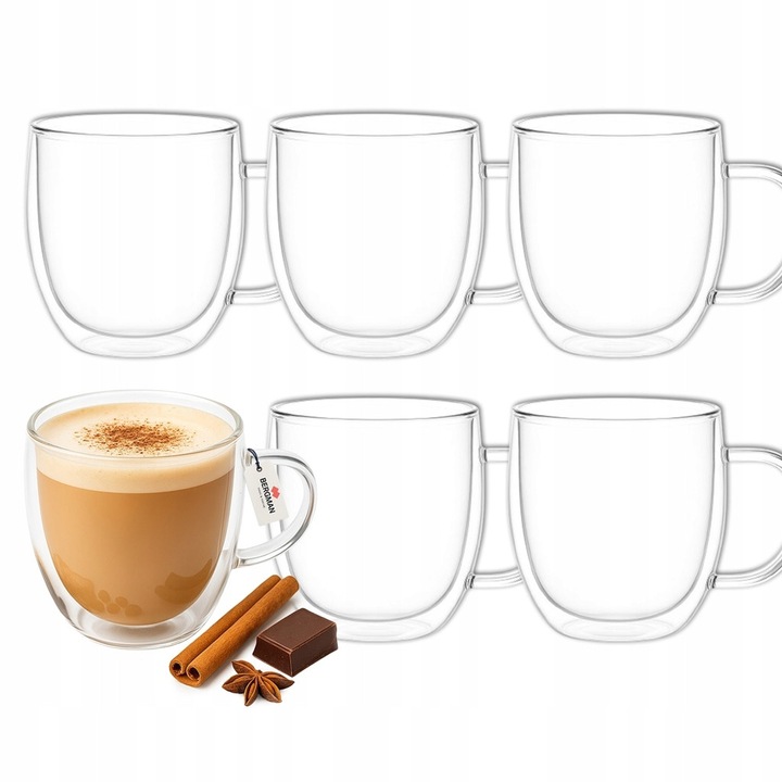 Set 6 pahare termice Premium 350ml pentru cafea latte si ceai cu ureche si fund dublu