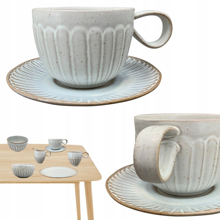 Cana ceramica cu farfurie, Exner, 190ml, gri, set