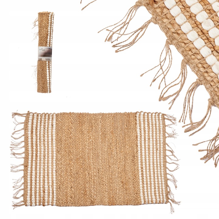 Килим от юта с ресни, Gift Decor, 60x90см, Естествен бежов, Бохо стил