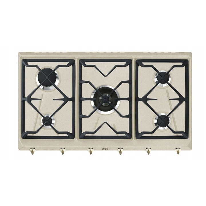 Smeg gáz főzőlap, 5 égős, 88.5x50cm, 12400W, világosbarna színű, öntöttvas rács