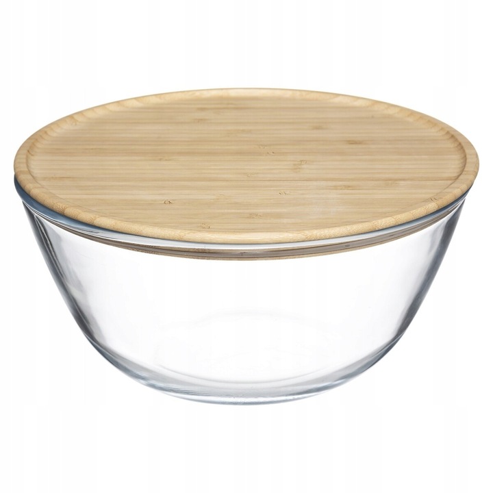 Bol din sticla cu capac din bambus, 2.7L, transparent/bej, 23x23x11.5cm