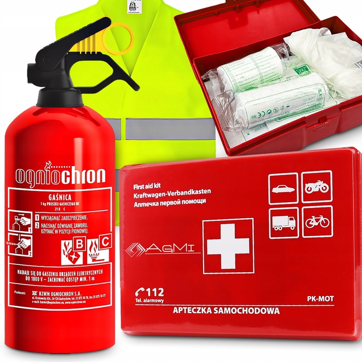 Agmi autós biztonsági készlet 1 kg-os tűzoltó készülékkel, fényvisszaverő mellénnyel, elsősegélycsomaggal