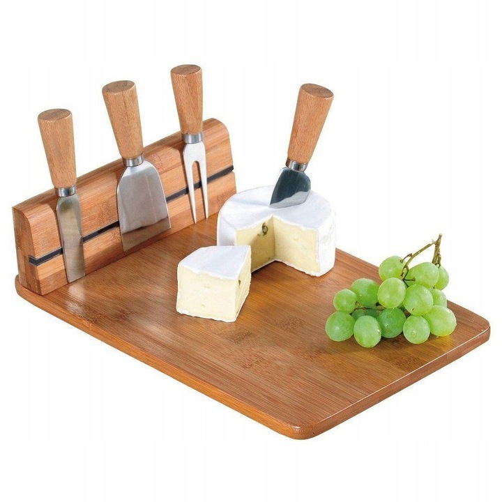Set tocator bambus Excellent Houseware 30x21x8,5cm maro argintiu cu 4 cutite magnetice