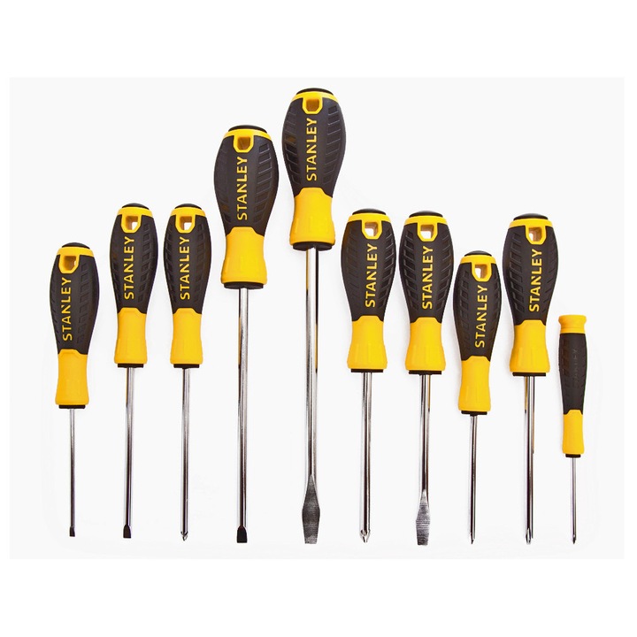 Stanley Essential csavarhúzó készlet STHT0-60211 + feszültségmérő STHT0-62685, króm-vanádium acél (CrV) hegy, ergonomikus gumírozott markolat, sárga/fekete, 10 darab + 1 teszter