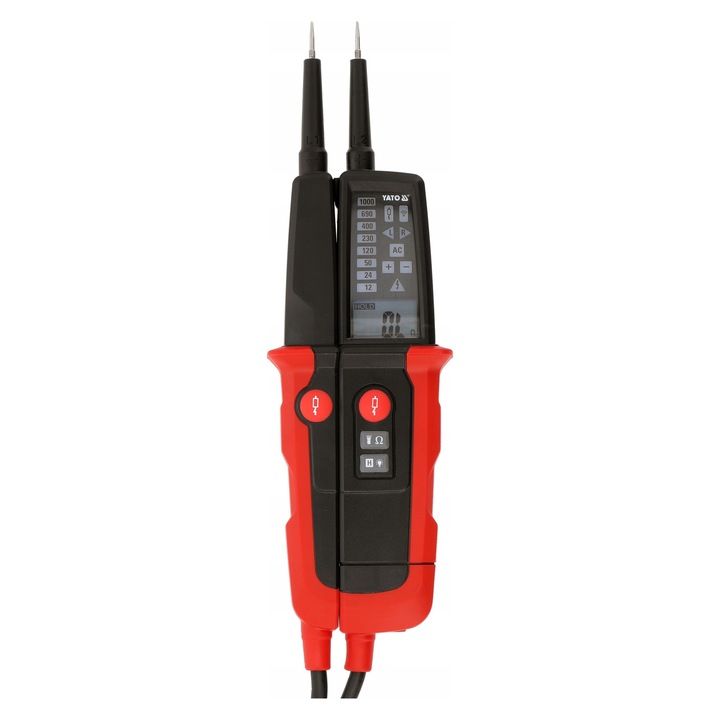 Yato feszültségmérő, kétpólusú, 6-1000 V AC/DC, ellenállás 0-1999 Ω, IP64, 280x74x34mm, készletben