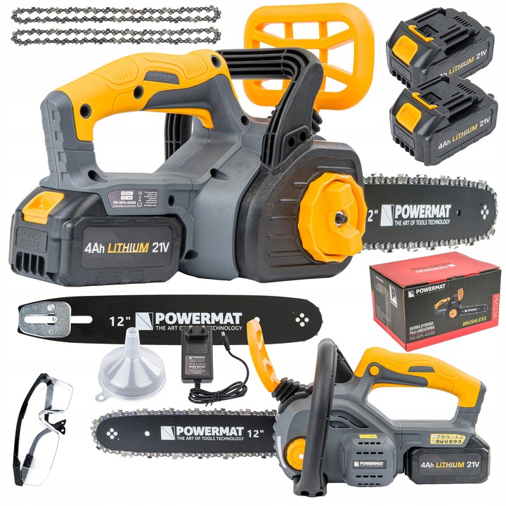 PowerMat elektromos láncfűrész, PM-MPA-4AHM modell, 2x 4Ah akkumulátor, 2x lánc, 12", többszínű, 3,3kg