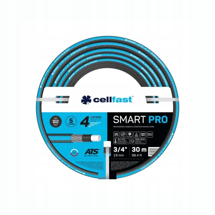Градински маркуч Cellfast SMART PRO ATS 3/4" 30м, 4 слоя, UV устойчив, против водорасли