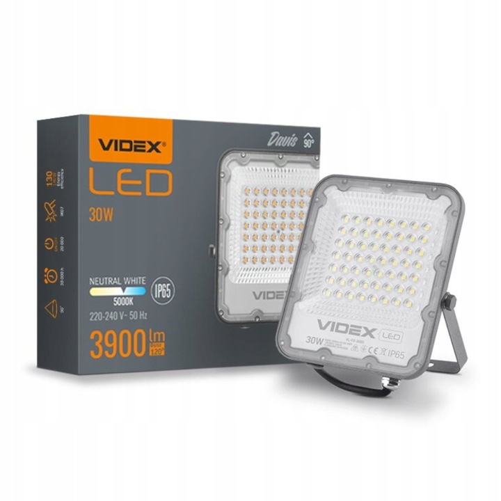 Videx Davis kültéri LED projektor, 30W, 3900 lm, 5000K (semleges fehér), IP65, alumínium, szürke, 1 db