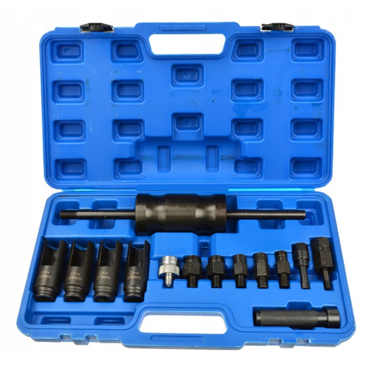 Injektorkihúzó készlet Geko G02651, 3,6 kg-os tehetetlenségi kalapács, M14x1.5/M17x1/M20x1/M24x1/M27x1 adapterkészlet, CR-V 25/27/29/30 mm-es dugókulcsfejek, gömbcsukló nehezen hozzáférhető helyekhez, kék, 1 készlet