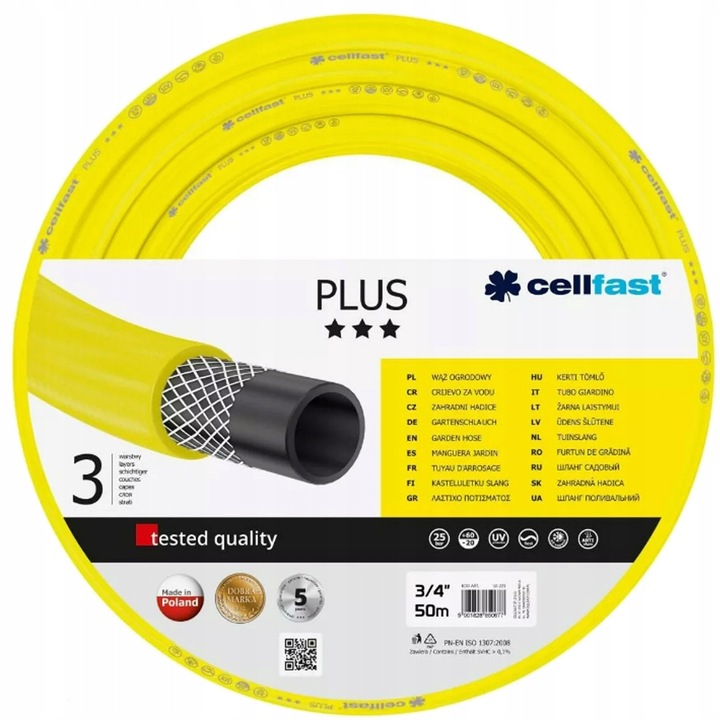 Cellfast Plus kerti tömlő, 3 rétegű, keresztfonatos, UV-álló és algásodásgátló, sárga, 50 m, 3/4''
