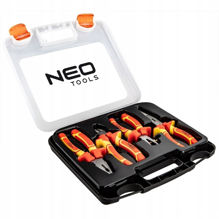 NEO TOOLS 01-236, 4 részes fogó és csavarhúzó készlet, szigetelt 1000V, ergonomikus kétkomponensű markolat, króm-vanádium acél, piros/sárga