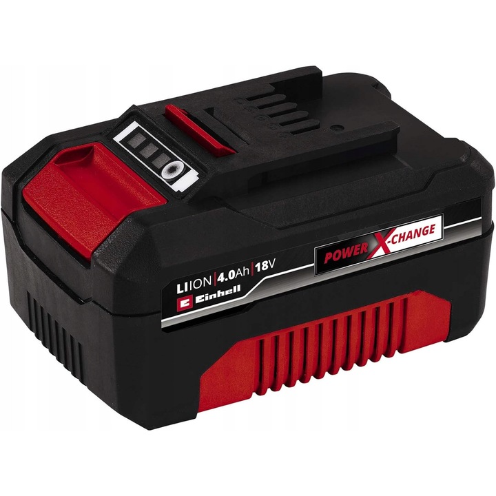 Acumulator Einhell 18V 4,0Ah Power X-Change, rezistent la praf, dimensiuni 8,40x7,70x16,20cm