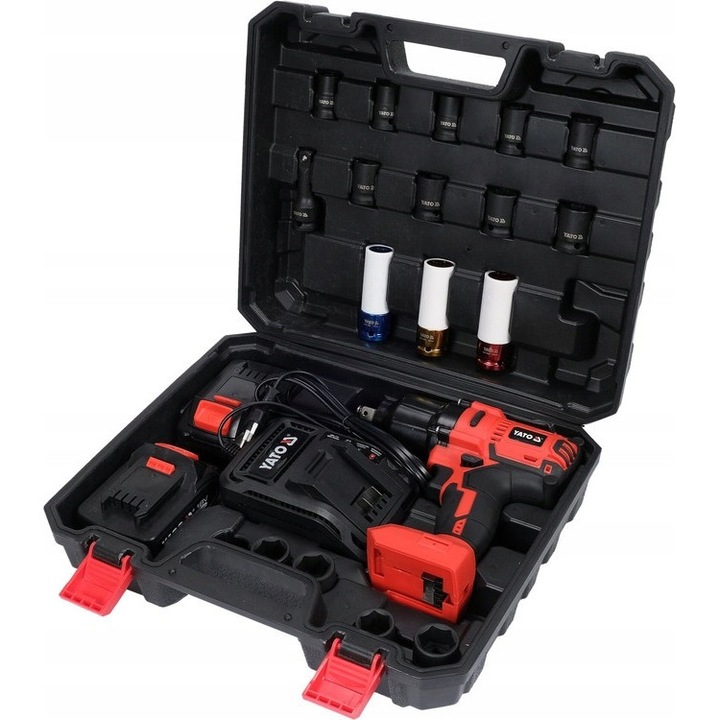 Set 21 piese Cheie cu impact Yato YT-82807, 1/2'' (12.7 mm), 18V, moment maxim 700 Nm, 2 x 3Ah Li-Ion, capete tubulare CrMo incluse, Negru/rosu