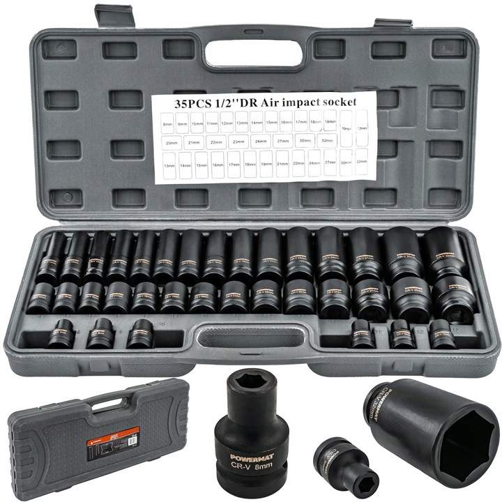 35 db-os HEX dugókulcs készlet 1/2", 8-32 mm, 38 mm és 78 mm hosszúságú, kofferrel, Powermat