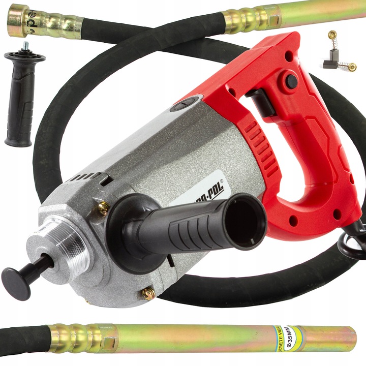 Mar-Pol betonvibrátor, 1250W, 4500 ford./perc, 2 m-es tengely, 35 mm-es tengelyátmérő, folyamatos munkavégzéshez rögzítővel, piros/fekete