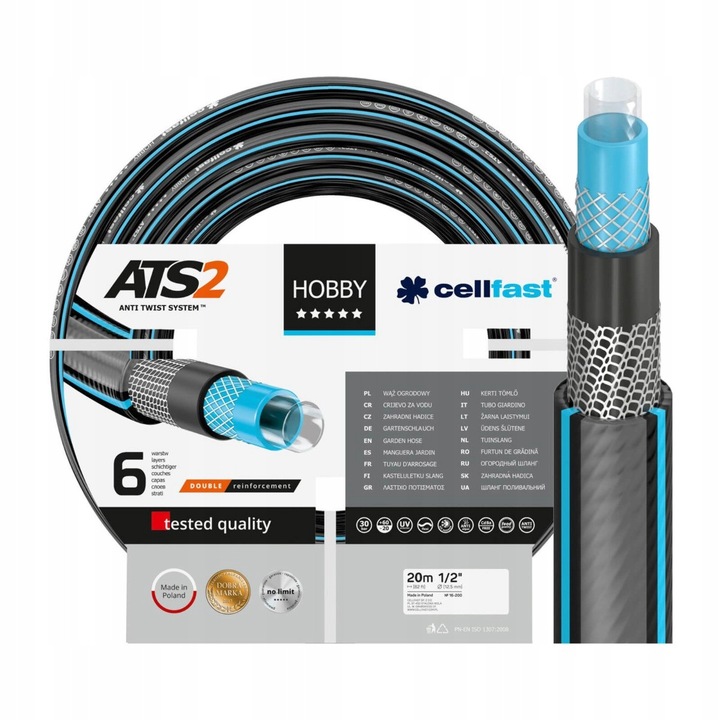 Cellfast HOBBY ATS2 kerti tömlő, 6 rétegű, ATS2 csavarodásmentes, UV-álló és algásodásgátló, élelmiszerrel érintkezhet, fekete/kék, 20 m, 1/2"