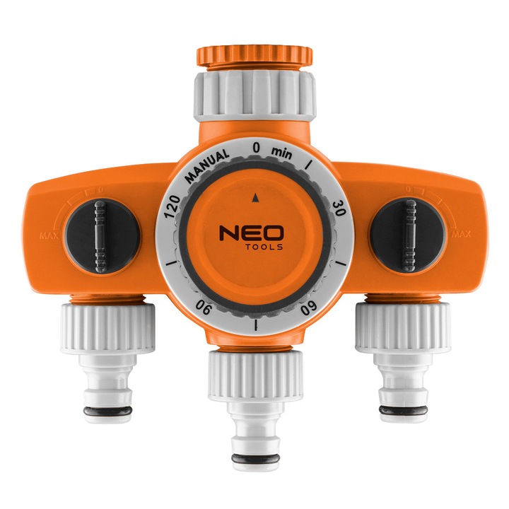 Разклонител с три изхода NEO TOOLS, 2 изхода със заключване, 1 изход с таймер, 3/4"-1", 0.4 kg