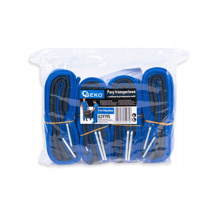 Set 4 curele transportoare Geko, 2,9m, 270kg, pentru 2 persoane, albastru