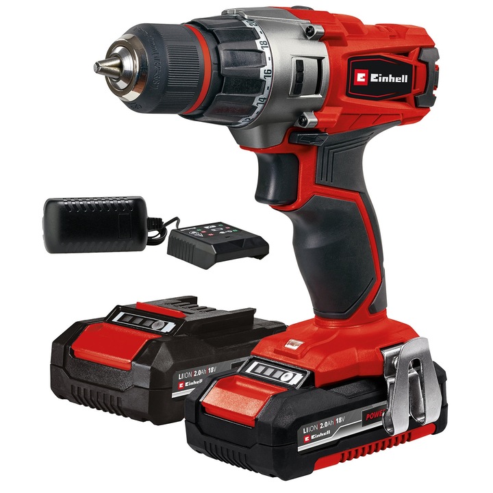 Set Wiertarko-insurubare Akumulator Einhell TE-CD 18/2 Li, 2x2,0 Ah, 10mm, 44Nm, 28x17.4x7.7cm