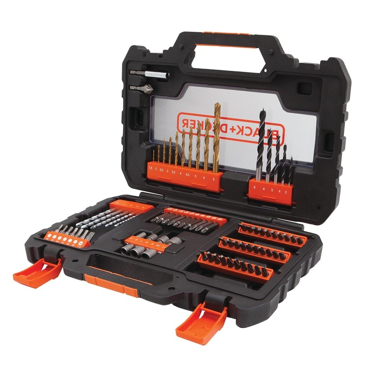 76 darabos fúró- és csavarozó tartozék készlet, Black+Decker, különböző méretek, tárolódoboz