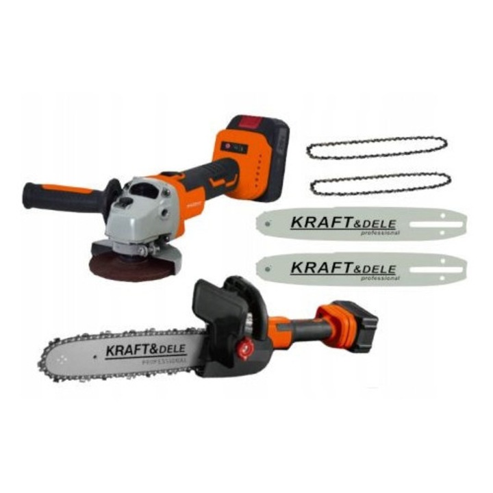 Polizor unghiular/flex fara fir + adaptor ferastrau cu lant Kraft&Dele KD10624, motor fara perii, 20V, 2x3.0 Ah baterii, ghidaj 400mm, 2 ghidaje si 2 lanturi incluse, negru/orange, set