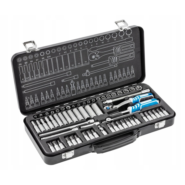 Set scule Hoegert Technik 63 piese crom-vanadiu metalic 1/4"